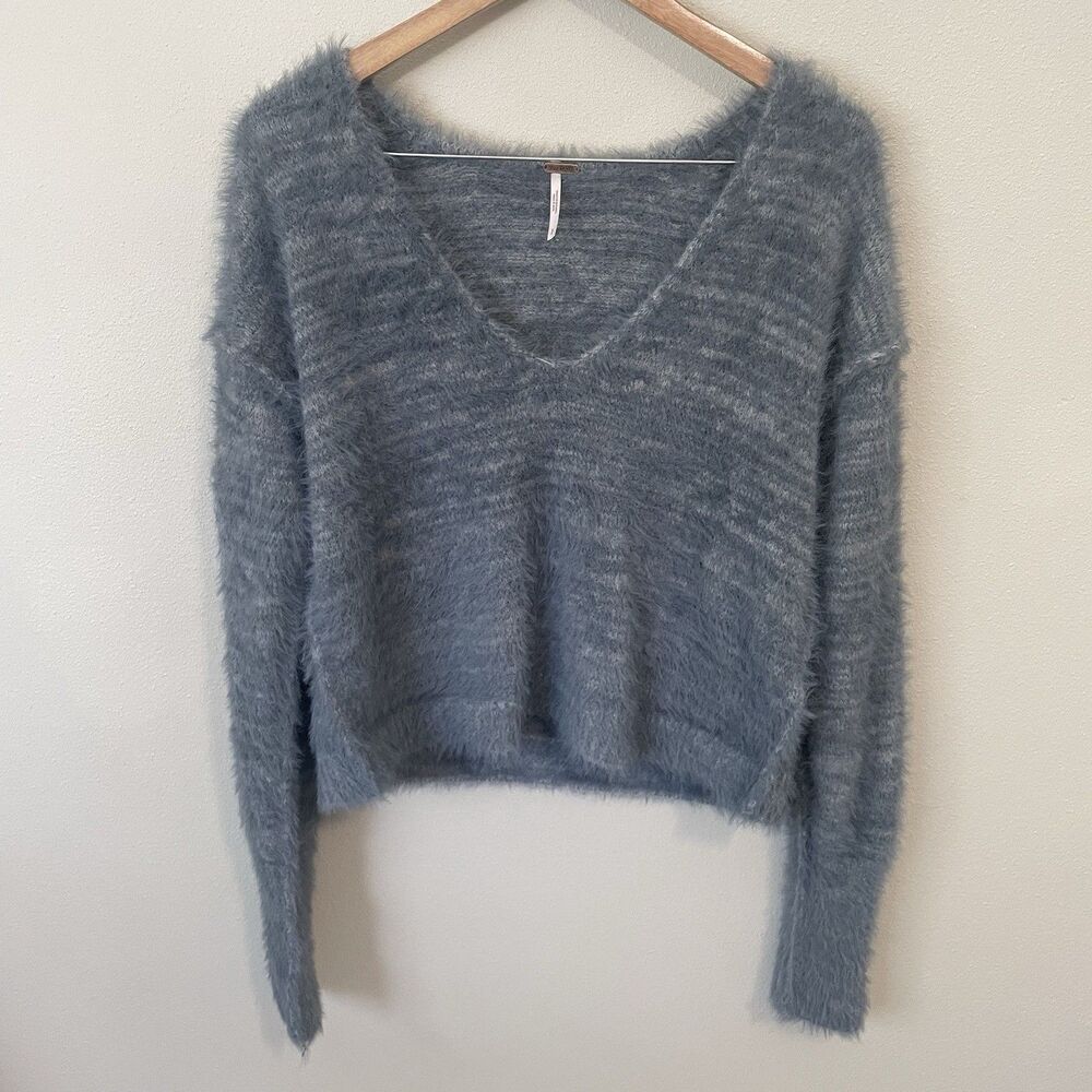 Free People Womens S Serendipity Sweater Grey Blue Boho Eyelash Soft Cozy - Picture 2 of 12